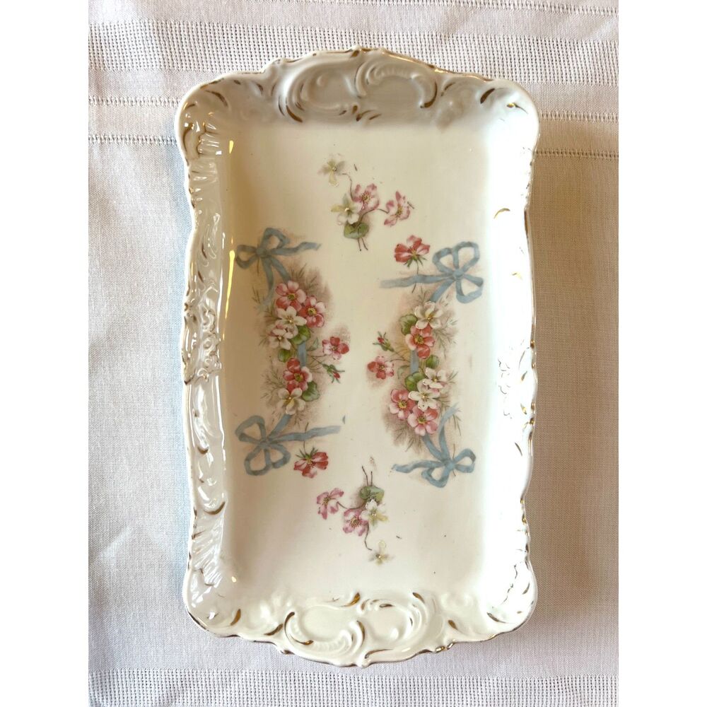Bavarian Vintage Germany Rectangle Porcelain Flowered Trinket Tray